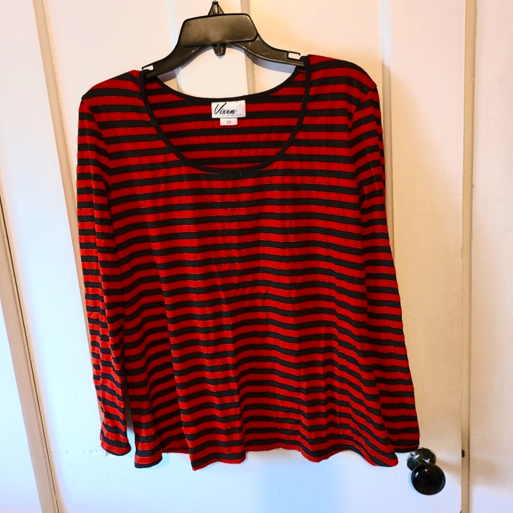 Vixen by micheline pitt orange and black striped shirt